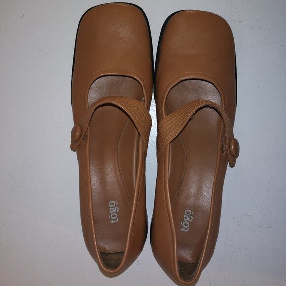 Togo Ladies Size 9M Square Toe Tan Leather Upper Block Heel Shoes - Picture 5 of 8